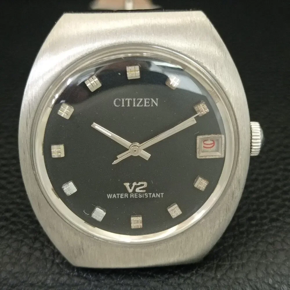 Vintage 1972 Citizen Manual Wound Mens Silver Watch W/Date & Crystal accents